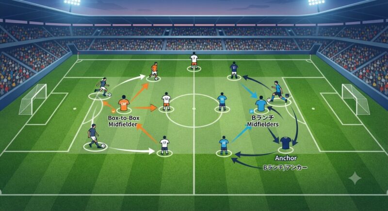 サッカーのフィールド上で、中盤の選手（ボランチ、アンカー、ボックス・トゥ・ボックス）がどのように動き、守備や攻撃の連携を行っているかを示した戦術図