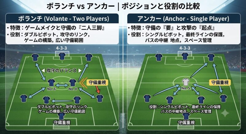 サッカーの戦術解説図：ダブルボランチ（二人体制）とアンカー（一人体制）のピッチ上の配置と役割の違いを比較