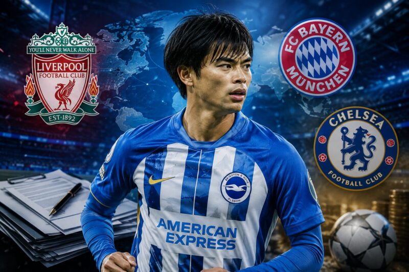 三笘薫選手をイメージしたシルエットと、欧州サッカーのスタジアムを背景にリバプール、バイエルン、チェルシーへの移籍を連想させるデザイン。