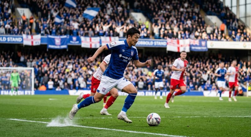 プレミアリーグ・イプスウィッチ風の青いユニフォームを着てピッチを全力疾走する日本人サッカー選手（前田大然のイメージ）